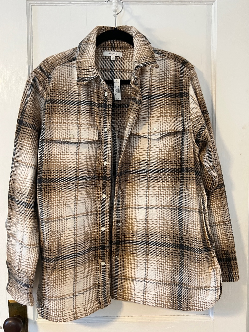 NWT Madewell Plaid Flannel Oversized Shirt Jacket Shacket Beige Tan Size M